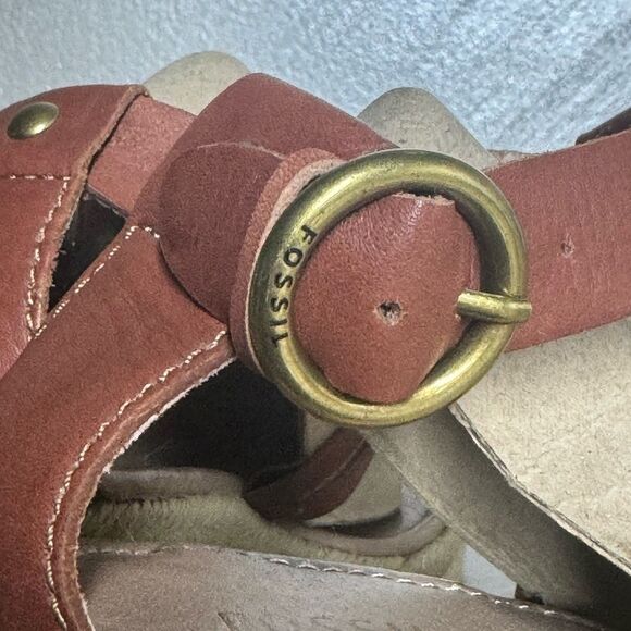 Fossil Women Size 10 Brown Leather Straps Espadrille Wedge - Picture 5 of 13